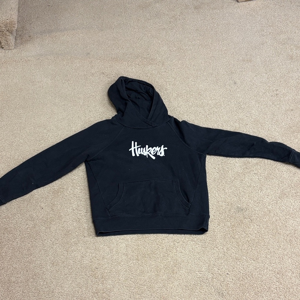 League Black Hoodie with White Huskers Design
